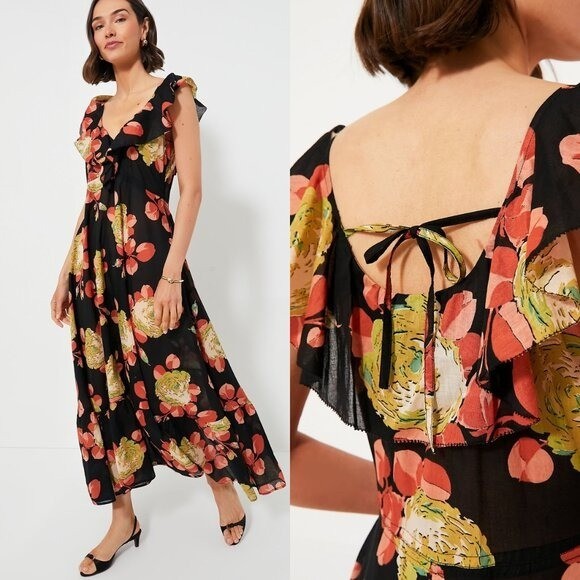 The Great NEW Cabbage Rose Print The Geranium Dress Black Floral Maxi Dress L